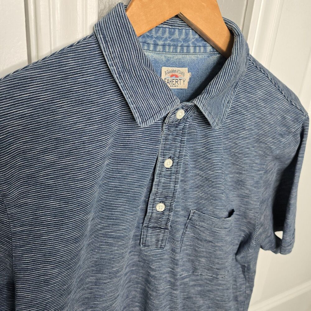 Faherty Polo Shirt Mens L Blue Indigo Dyed Short Sleeve Pocket Golf Beach Preppy